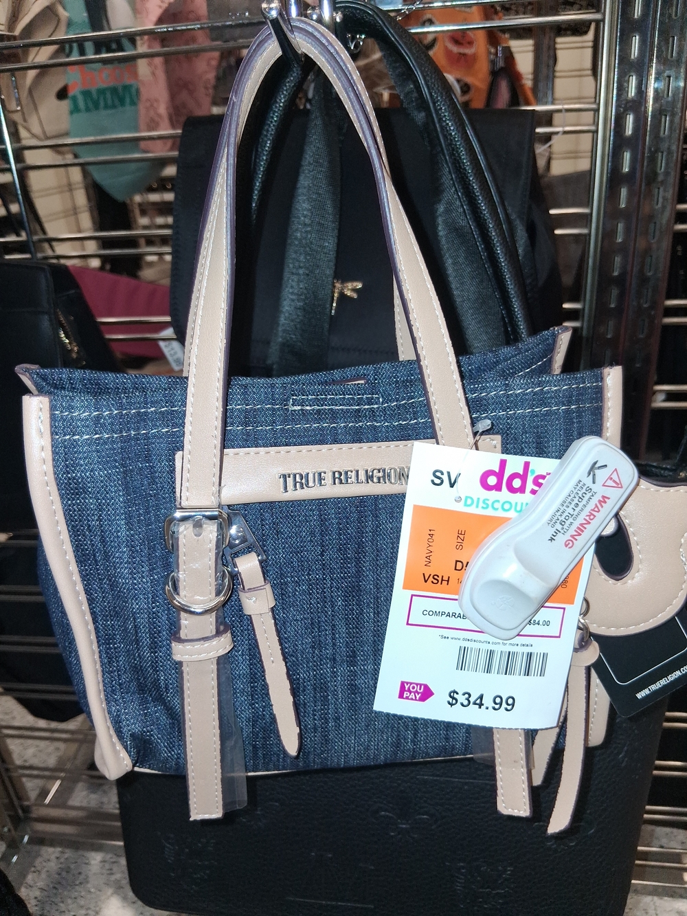 True Religion Blue Denim Tote with Cream Trim and Silver Accents